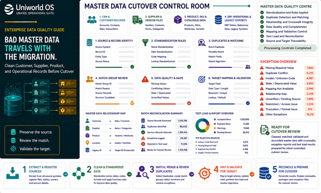 Uniworld OS master data migration dashboard showing source systems, customer, supplier, product and operational records, standardization, duplicate matching, survivor review, stale values, relationship crosswalks, exceptions, human QA, and cutover reconciliation