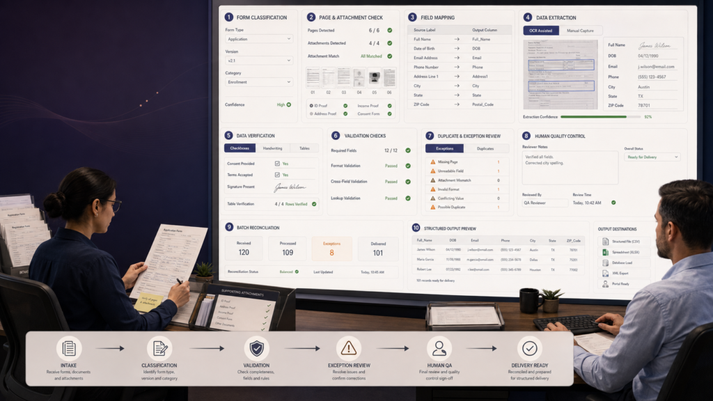 Forms processing quality workflow showing form classification, field capture, validation, duplicate review, exception handling, human quality control, and structured output