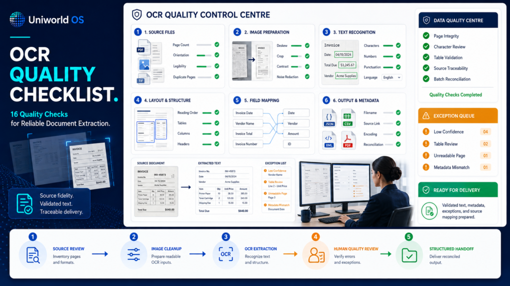 Uniworld OS OCR quality control dashboard showing source review, image cleanup, text recognition, layout validation, exception handling, human quality review, and structured delivery