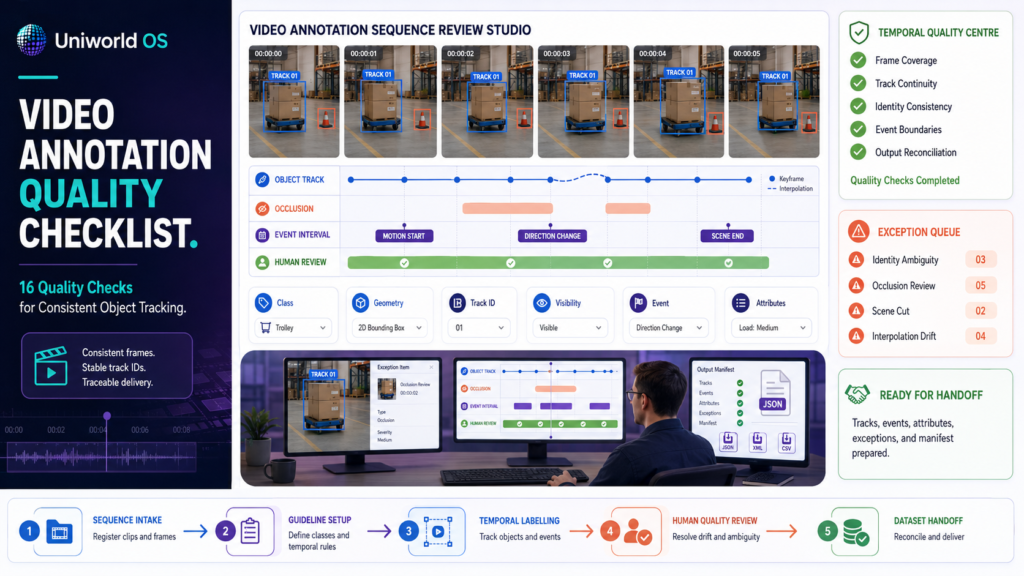 Uniworld OS video annotation quality dashboard showing frame sequences, object track IDs, event intervals, occlusion review, interpolation checks, exception handling, human QA, and dataset handoff