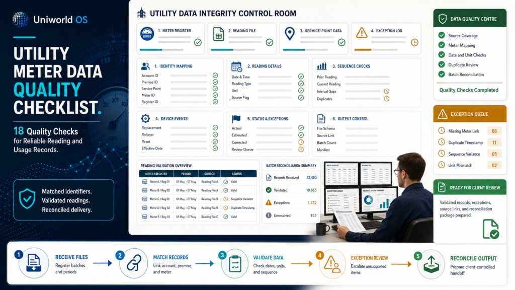 Uniworld OS utility meter data quality control dashboard showing meter and service-point matching, reading validation, unit and interval checks, exception handling, batch reconciliation, and client review