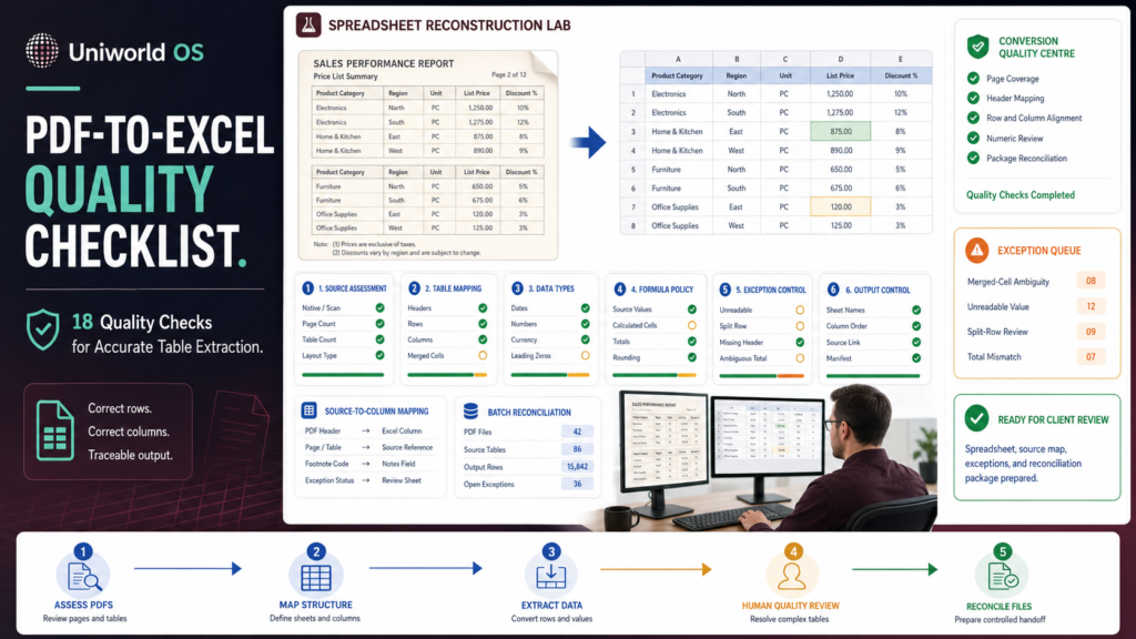 Uniworld OS PDF-to-Excel conversion quality dashboard showing source PDF tables, spreadsheet reconstruction, header mapping, row and column checks, numeric validation, exceptions, human QA, and reconciled delivery