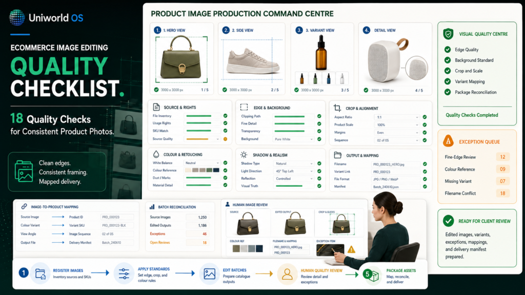 Uniworld OS ecommerce image editing quality dashboard showing product photos, clipping paths, background checks, crop and colour review, variant mapping, exception handling, human QA, and asset delivery