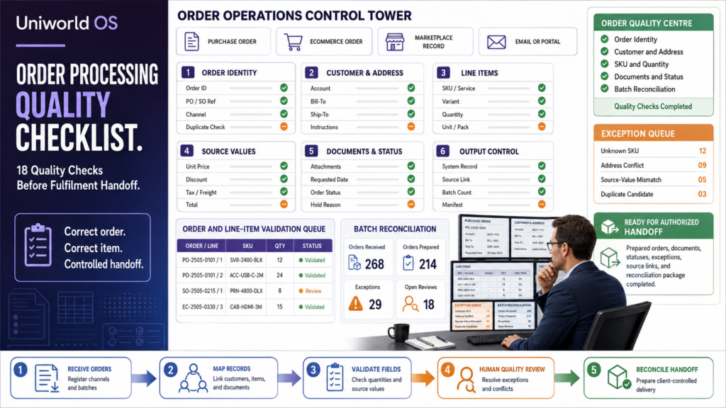 Uniworld OS order processing quality dashboard showing source orders, customer and address matching, SKU and quantity checks, source values, documents, statuses, exceptions, human QA, and reconciled fulfilment handoff