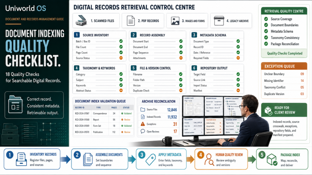 Uniworld OS document indexing quality dashboard showing source inventory, record assembly, metadata schema, taxonomy, filenames, versions, repository mapping, exceptions, human QA, and reconciled digital records delivery