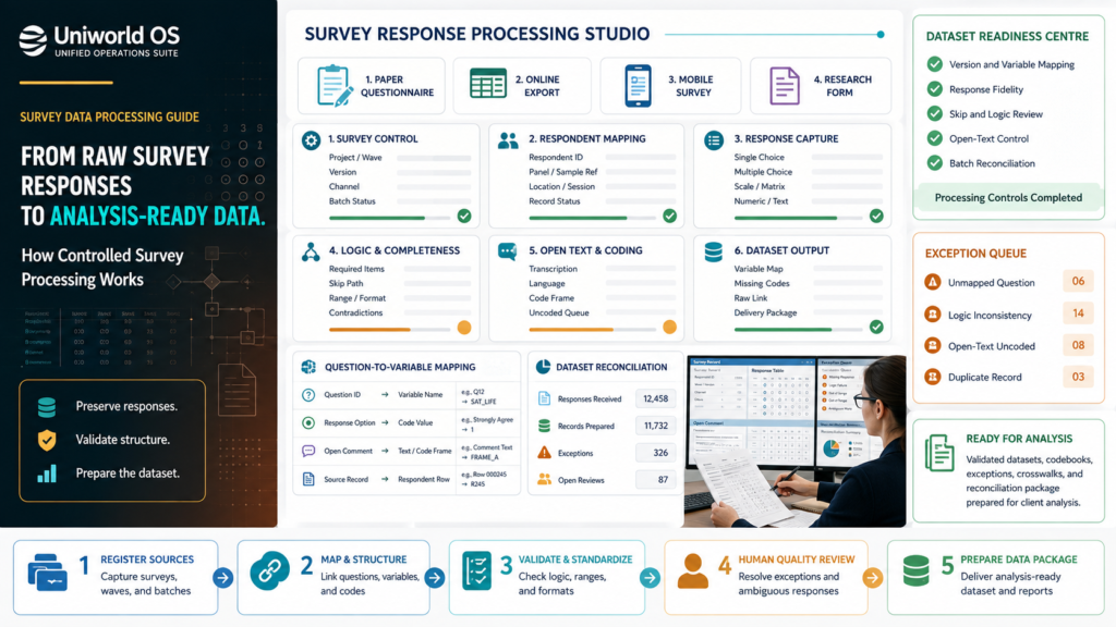 Uniworld OS survey response processing dashboard showing questionnaire versions, respondent mapping, response coding, skip logic, open-text coding, validation exceptions, human QA, and analysis-ready dataset preparation