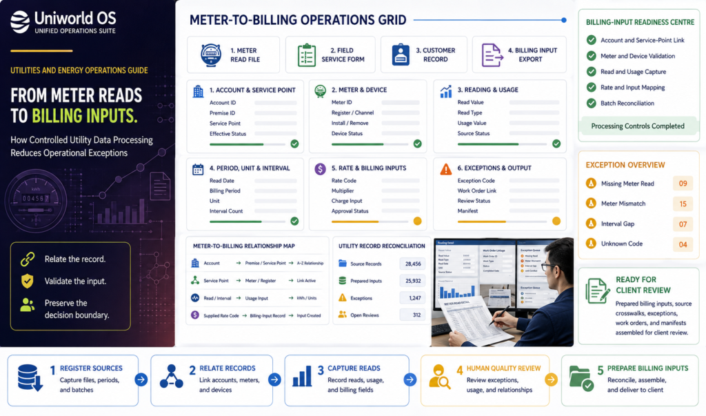 Uniworld OS survey response processing dashboard showing questionnaire versions, respondent mapping, response coding, skip logic, open-text coding, validation exceptions, human QA, and analysis-ready dataset preparation