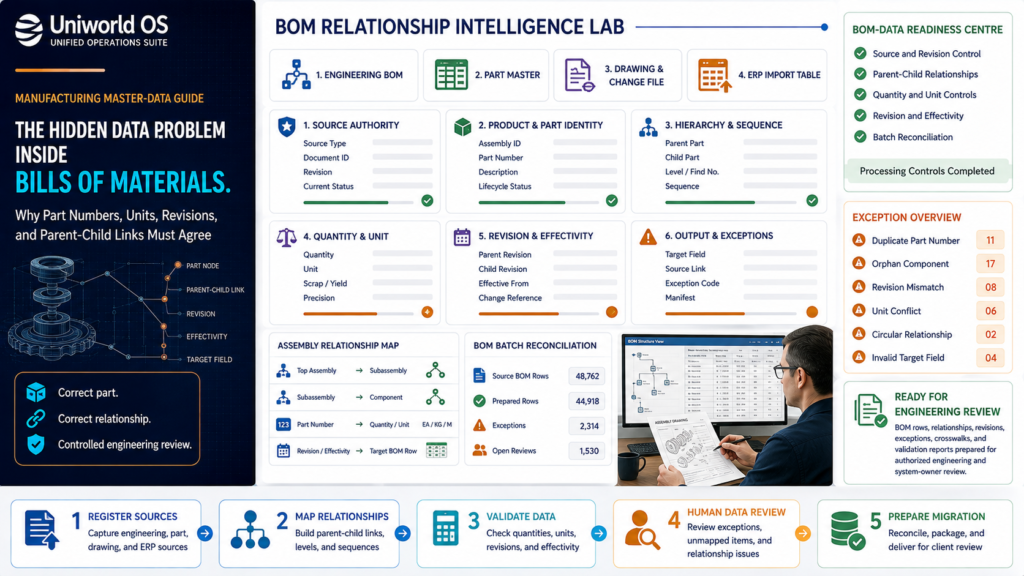 Uniworld OS BOM data dashboard showing source authority, part identity, parent-child hierarchy, quantities, units, revisions, effectivity, technical documents, exceptions, human QA, and migration preparation