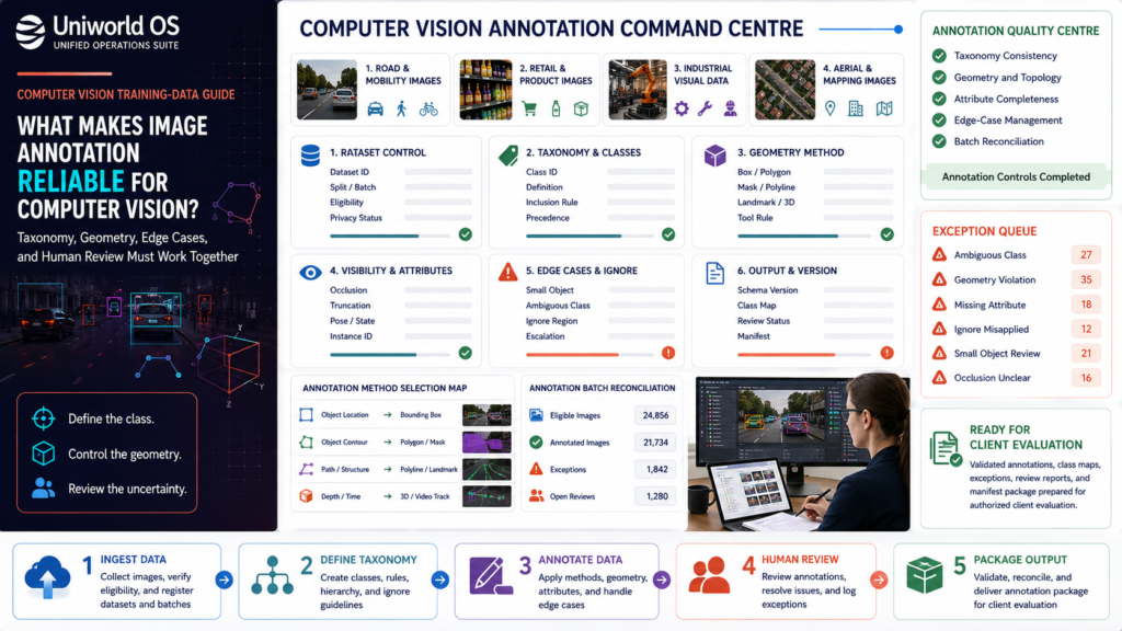 Uniworld OS computer vision annotation dashboard showing taxonomy, bounding boxes, polygons, polylines, landmarks, segmentation masks, attributes, edge cases, human QA, schema validation, and dataset reconciliation