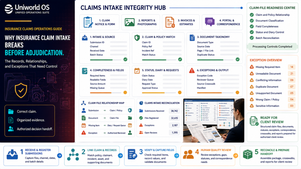 Uniworld OS insurance claim intake dashboard showing claim and policy matching, document classification, completeness review, status and diary control, correspondence queues, exceptions, human QA, and reconciled claim-file preparation
