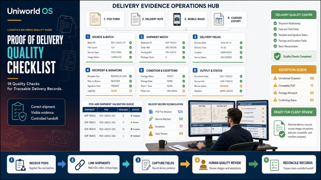 Uniworld OS accounts payable dashboard showing supplier invoices, vendor matching, purchase orders, receipts, service records, tax and coding fields, approvals, duplicate review, exceptions, human QA, and reconciliation