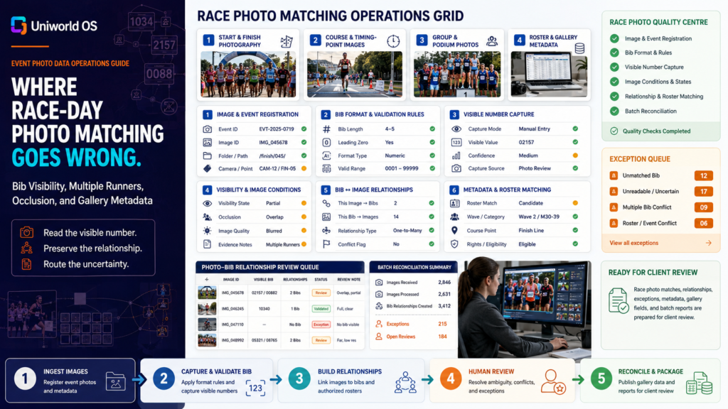 Uniworld OS race photo matching dashboard showing image inventory, bib format rules, visible number capture, multiple runners, partial and occluded bibs, roster references, gallery metadata, exceptions, human QA, and reconciliation
