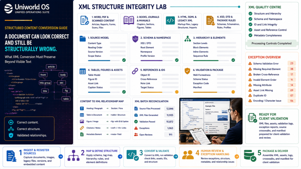 Uniworld OS XML conversion dashboard showing source mapping, schema and namespace control, hierarchy, elements, tables, figures, references, IDs, metadata, validation, exceptions, human QA, and delivery-package reconciliation
