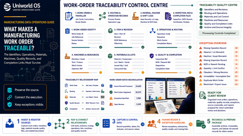 Uniworld OS manufacturing work-order dashboard showing work-order identity, item and revision, routing and operation sequence, machines, shifts, material lots, quantities, inspections, NCRs, completion records, exceptions, human QA, and archive reconciliation