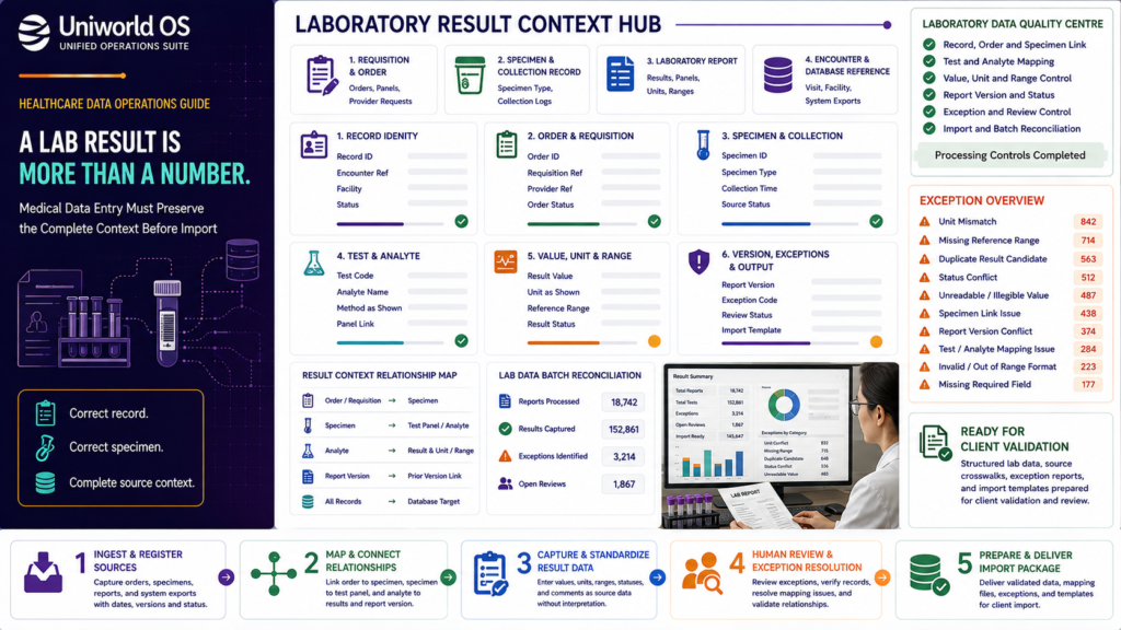 Uniworld OS laboratory data dashboard showing patient and encounter references, order and requisition links, specimen metadata, tests and analytes, result values, units, reference ranges, flags, statuses, exceptions, human QA, and database reconciliation